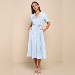 NWT Lulus Pleasant Cutie Blue Chambray Collared Midi Dress With Pockets
